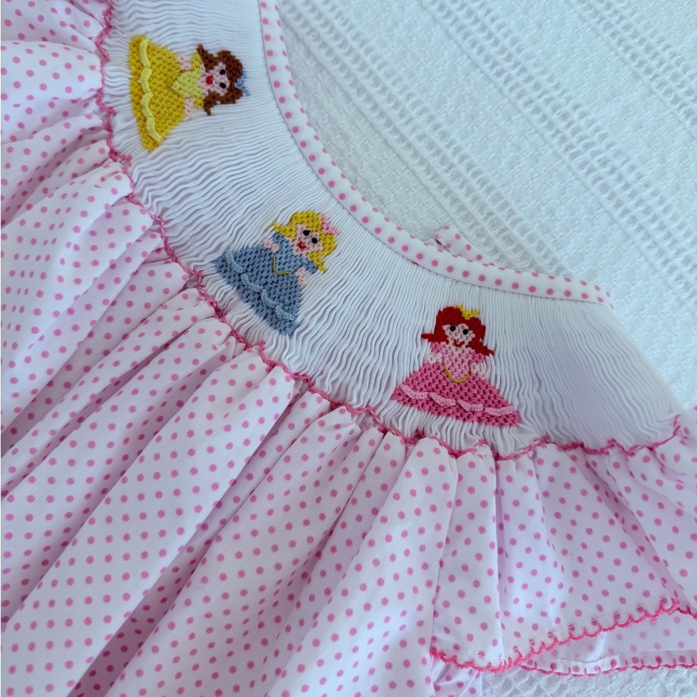 Classic Whimsy Smocked Bubble- Pink Polka Dot Bubble with Princess Embroidery